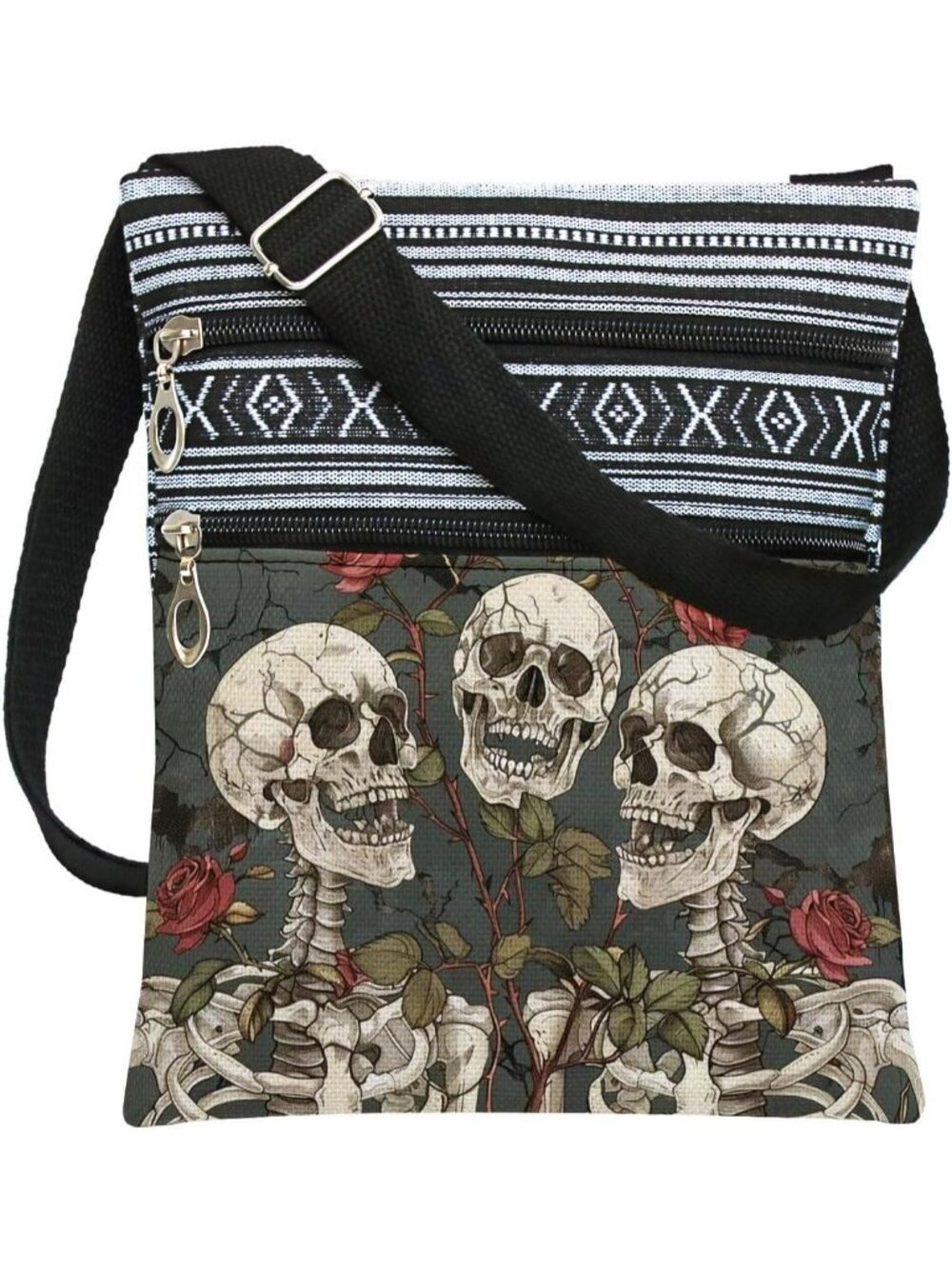 Women's White Grey Halloween Pumpkin Bat Goth Skull Witch Crossbody Shoulder Bag